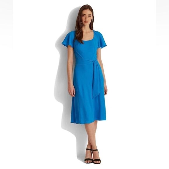 Lauren Ralph Lauren Fit and Flare MIDI Crepe Dress in Tropic Roy Size 2 - Picture 1 of 16